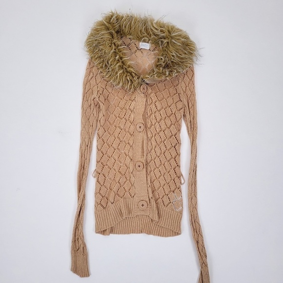 *Free With Purchase* Y2K knit long sleeve cardigan fur-trim collar ramie - Picture 4 of 11
